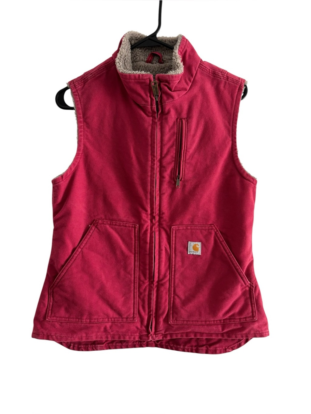 Carhartt pink Sherpa lined duck vest. XS but see info.  EUC 5 pocket Preloved